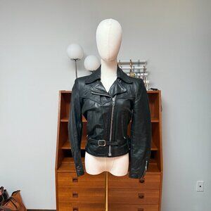 Vintage Black Leather Motorcycle Peplum Shrunken Crop Giant Zipper Biker Jacket